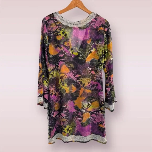 Vibrant Multicolor V-Neck Boho Tunic Top Cover Up Mini Dress (100% Silk) - Picture 3 of 7